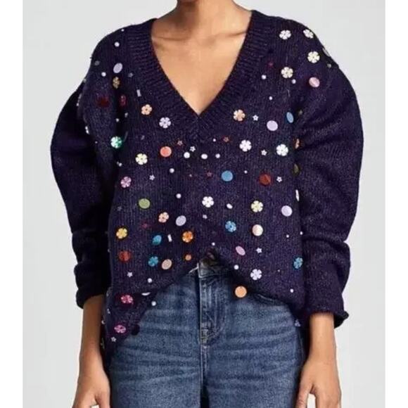 Zara Knit Oversized V-Neck Sweater Medium Blue Multicolor Sequin - Picture 1 of 7